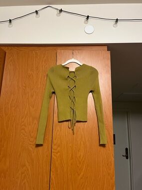 Cotton On Green Ribbed Long-Sleeve Top with Lace-Up Back